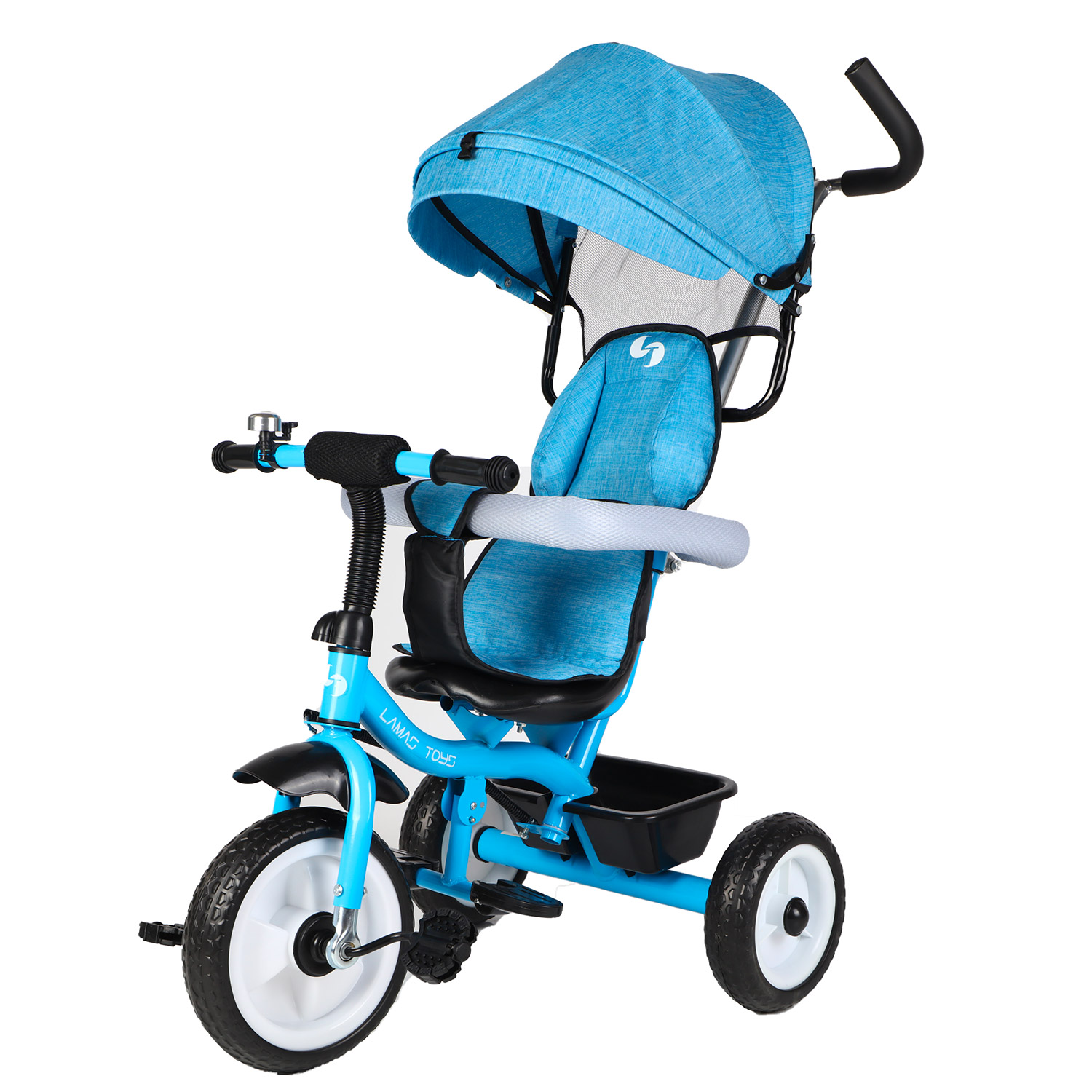 Image of Triciclo Passeggino per Bambini 69x49x98 cm con Parasole e Campanellino Trico Funny Blu