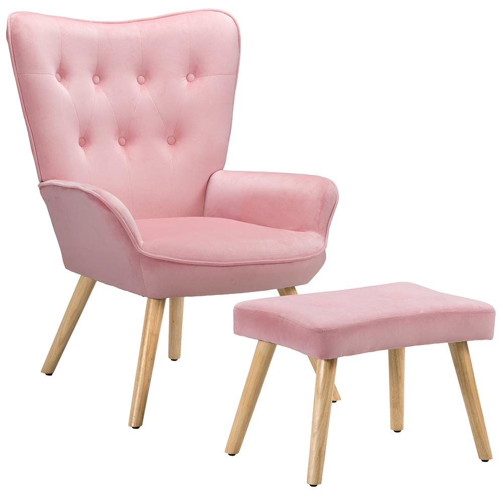 Poltrona Stile Scandinavo con Schienale Alto e Poggiapiedi In Velluto e Gambe in Legno Rosa...