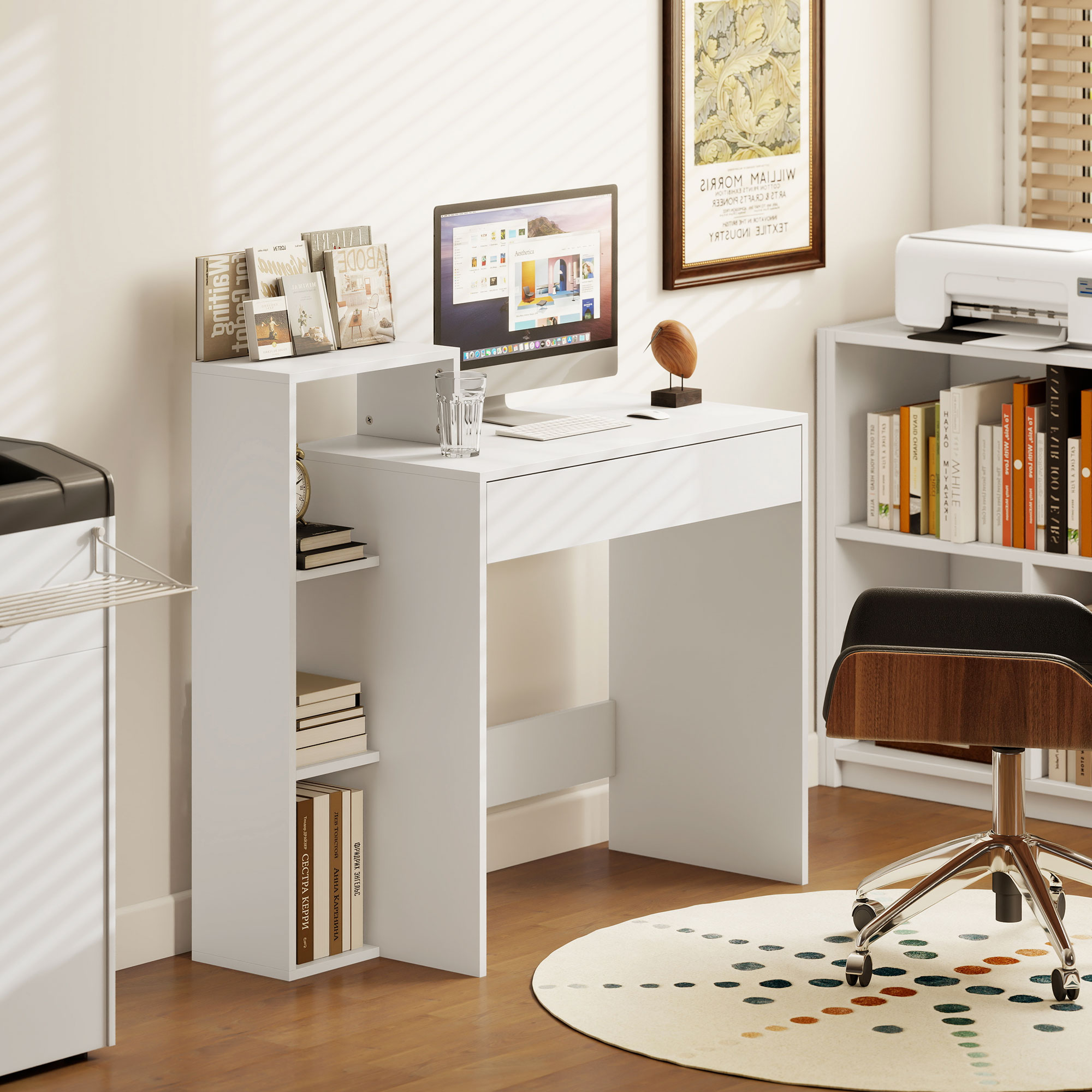 Scrivania Moderna 100x40x90 cm con Ripiani e Cassetto in Legno Bianco...