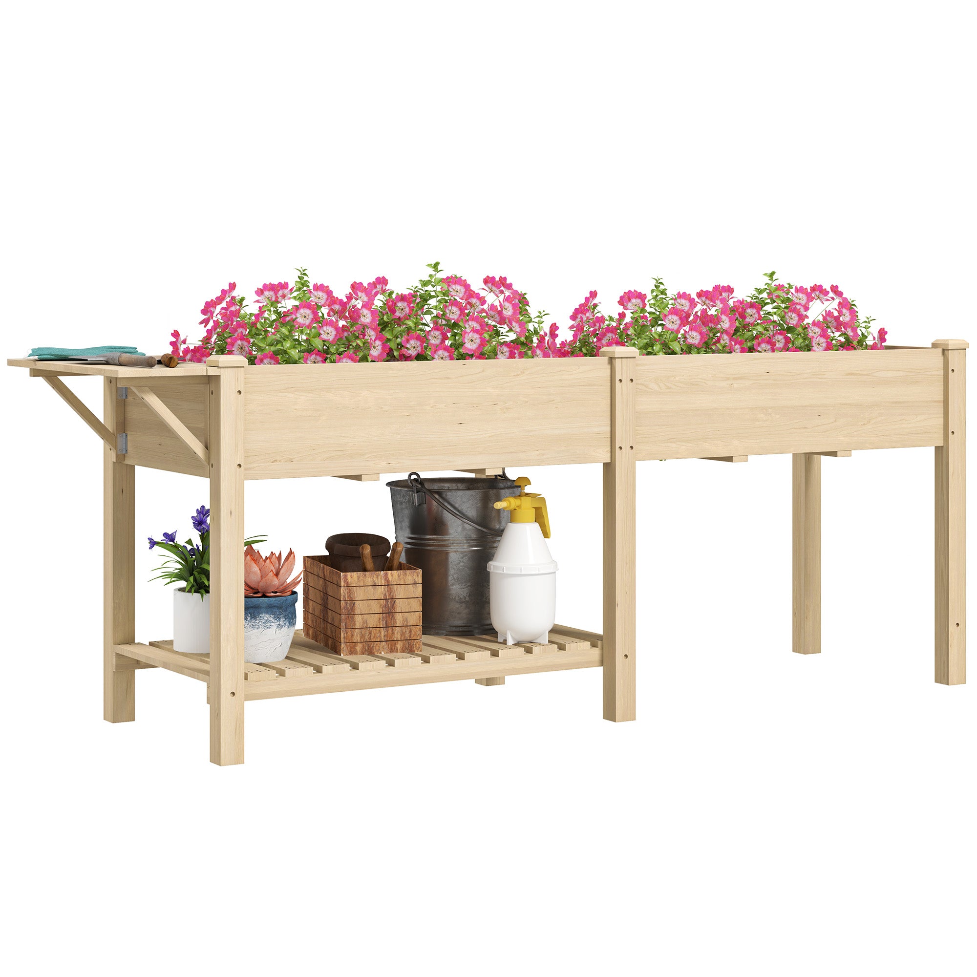 Fioriera Rialzata 207x59x78 cm con Tavolino Laterale e Ripiano Inferiore in Legno di Abete
