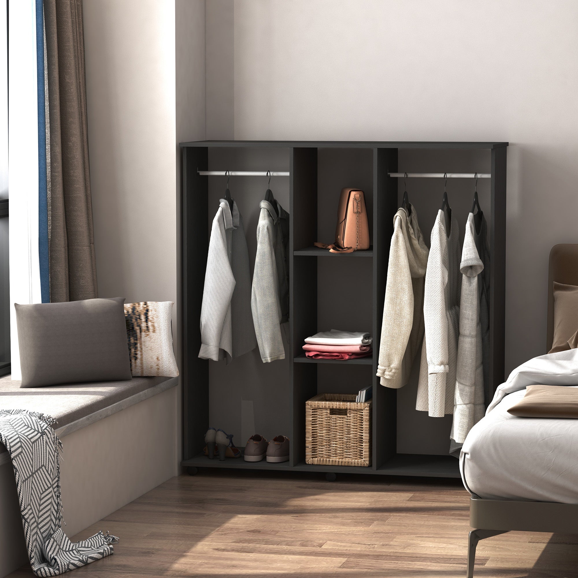 Armadio Guardaroba a 5 Ripiani con Ruote e Barre Appendiabiti in Legno e Alluminio Nero 120x40x128 cm...