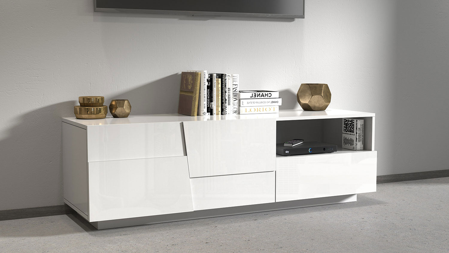 Mobile Tv 2 Anta 1 Cassetto e Ripiano a Giorno 150x45x46 cm Pongo 2A 1C Bianco Lucido  