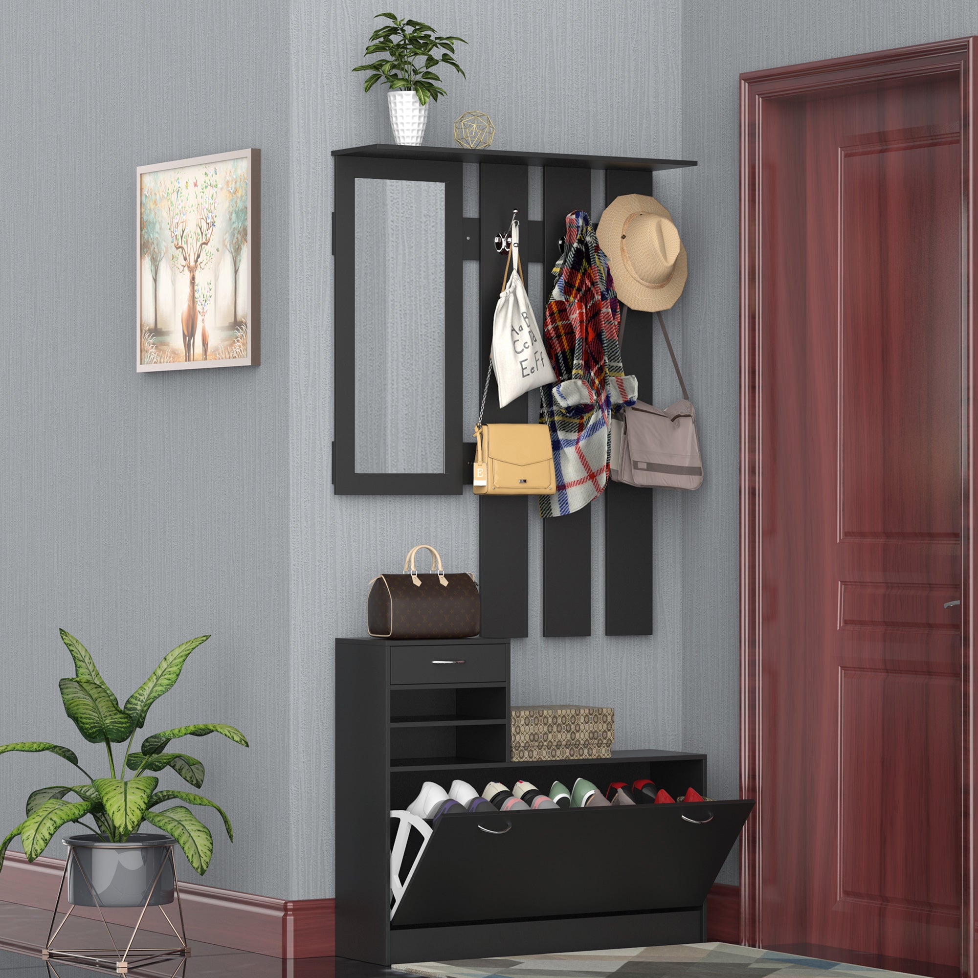 Mobile da Ingresso Appendiabiti con Scarpiera e Specchio 90x10x102 cm in Truciolato Nero...