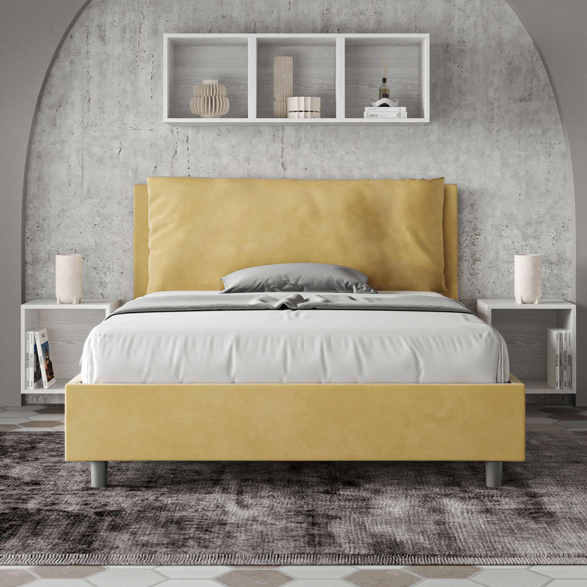 Letto Matrimoniale Francese 140x190 cm Senza Rete Imbottito in Microfibra Antea Large Ocra...