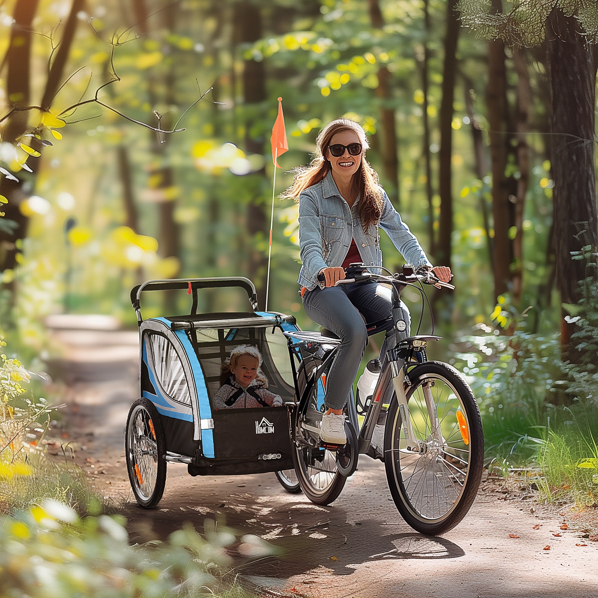 Rimorchio Bicicletta per Bambini e Passeggino 2 in 1 con Cintura Tasche e Bandierina Blu...