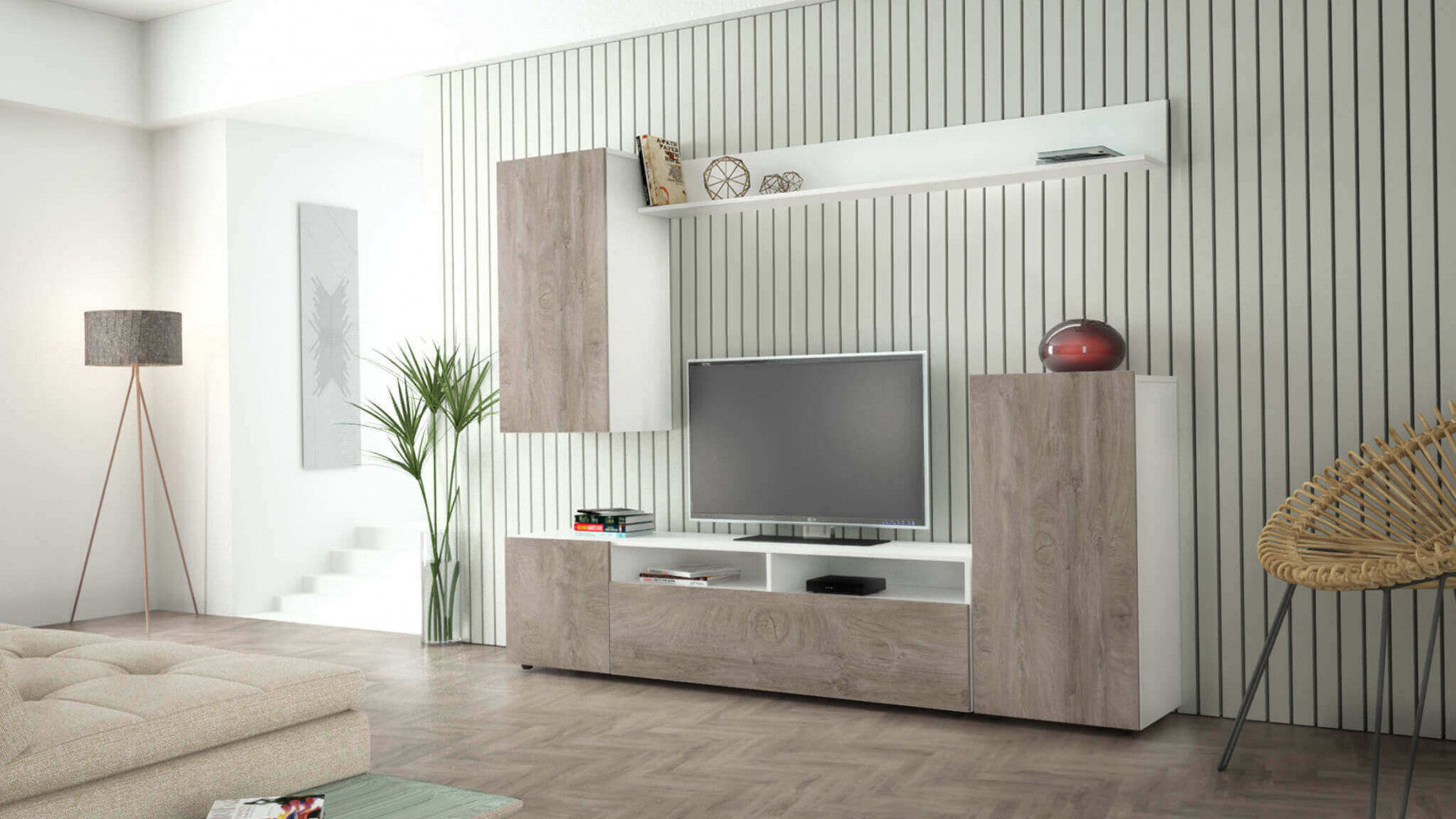 Parete Attrezzata Soggiorno Bridge 207x34x170 h cm in Truciolare bilaminato Rovere grigio...