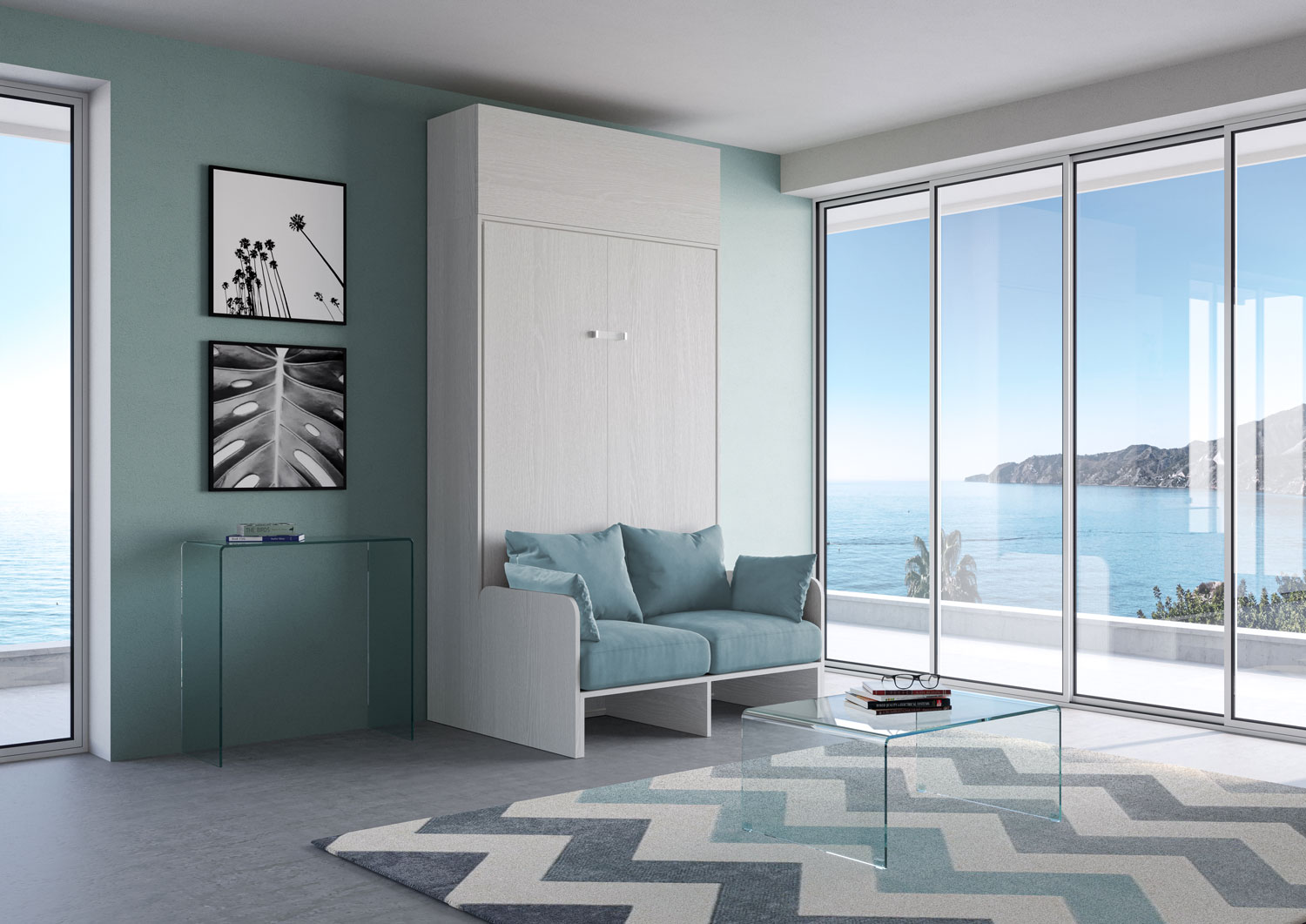Letto Una Piazza E Mezzo A Scomparsa 120 Kentaro Con Divano E Pensile Bianco Frassino e Azzurro...