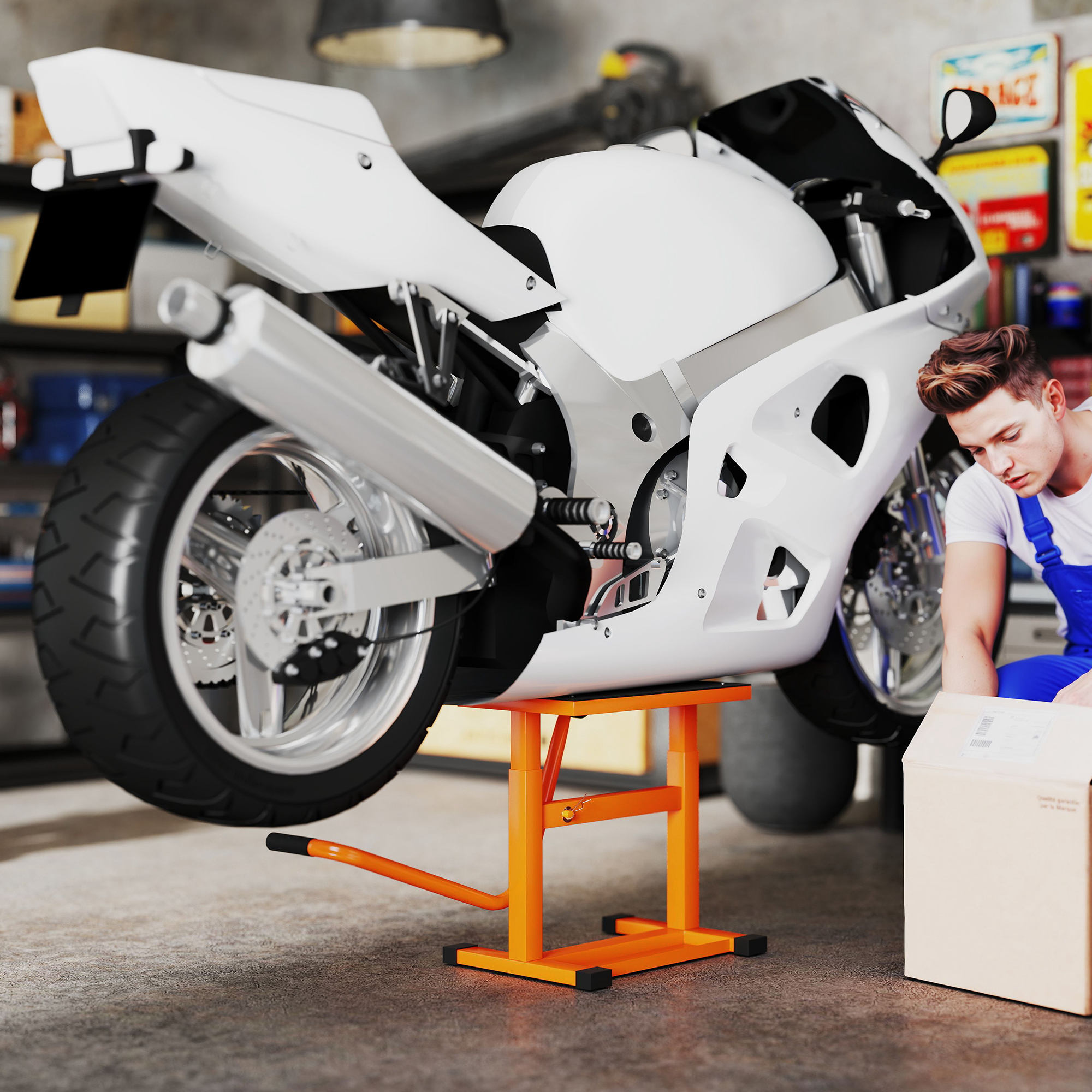 Cavalletto Alzamoto max 150 kg in Metallo con Superficie in Gomma e Manovella, 48x34x43 cm, Arancione...