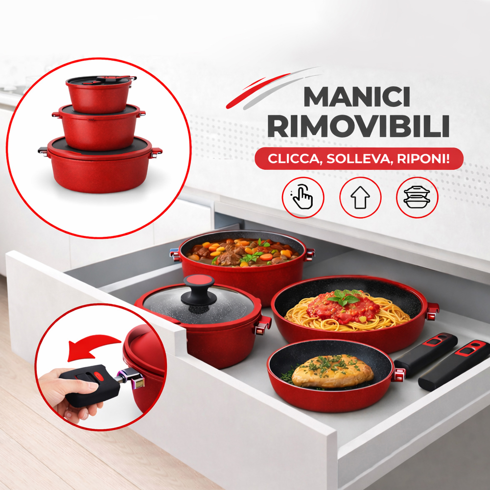 Set 24 Pezzi Batteria di Pentole Manici Removibili Rubino Suprem in Alluminio Pressofuso Rosso...