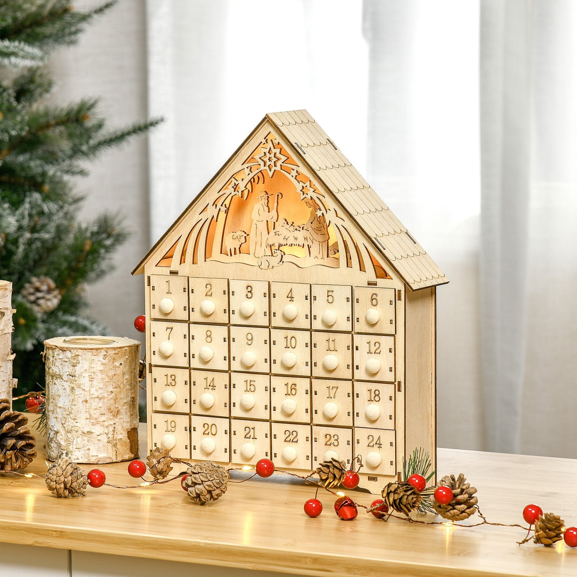 Calendario dell'Avvento 26,6x6x30 cm 24 Cassetti e Presepe Intagliato in Legno...