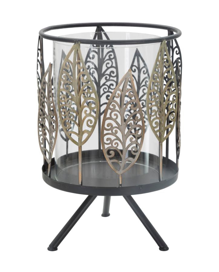 Image of Portacandele Foglie Iron Ø15x24 cm in Ferro e Vetro Nero e Grigio