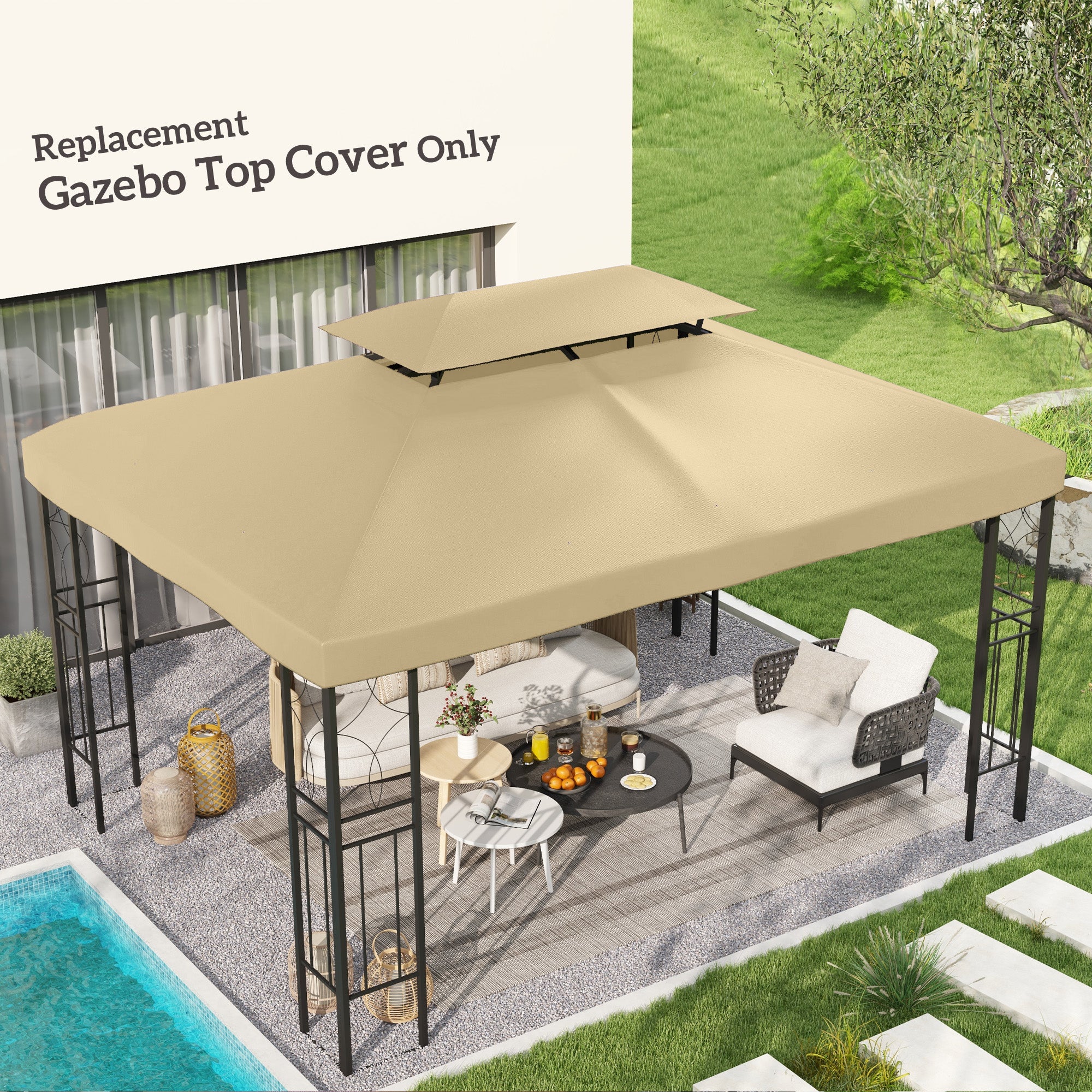Tetto di Ricambio per Gazebo da Giardino a 2 Livelli 400x300 cm in Poliestere Anti UV Crema...