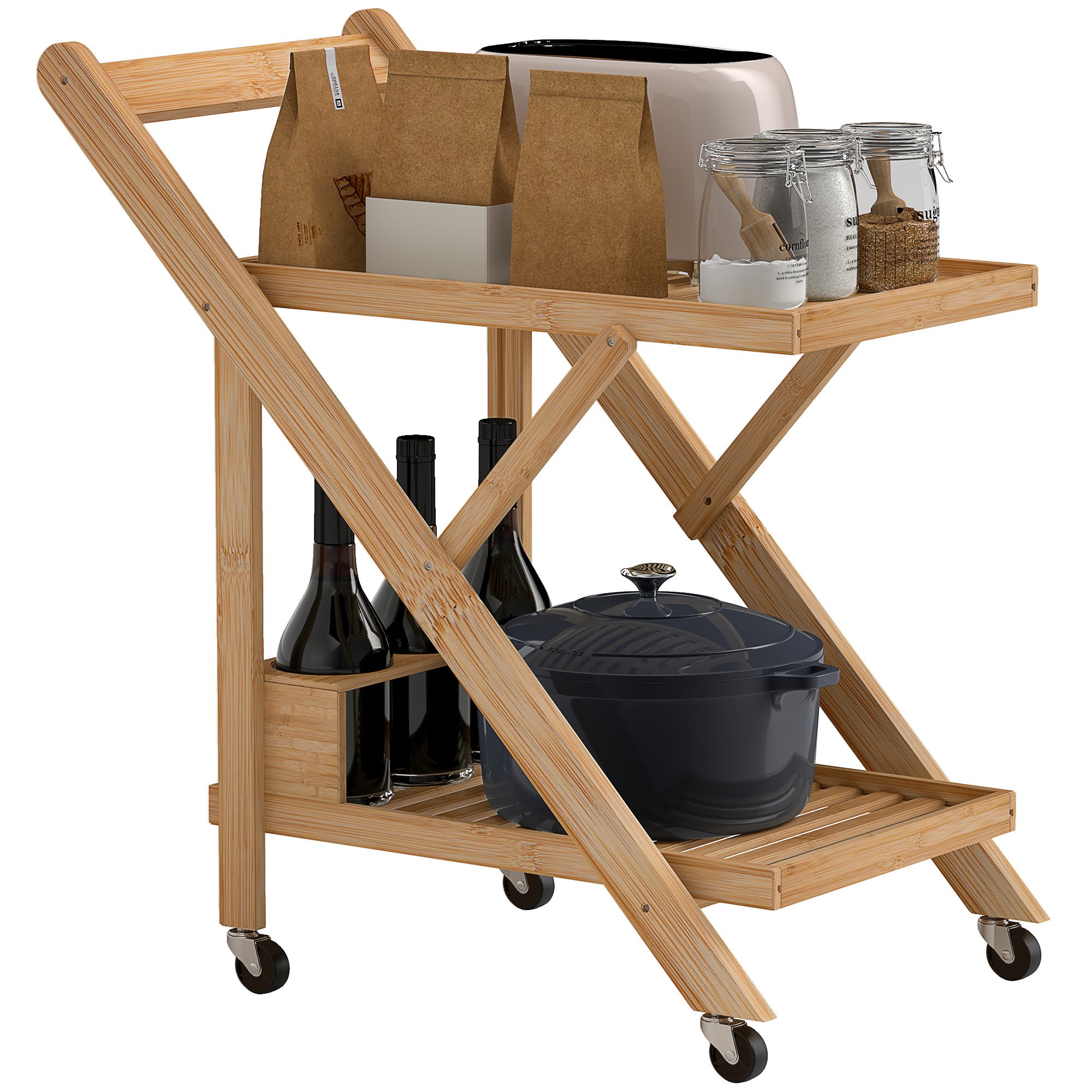 Carrello da Cucina Portavivande Pieghevole 66x40x70 cm a 2 Livelli con Portabottiglie in Legno di Bambù