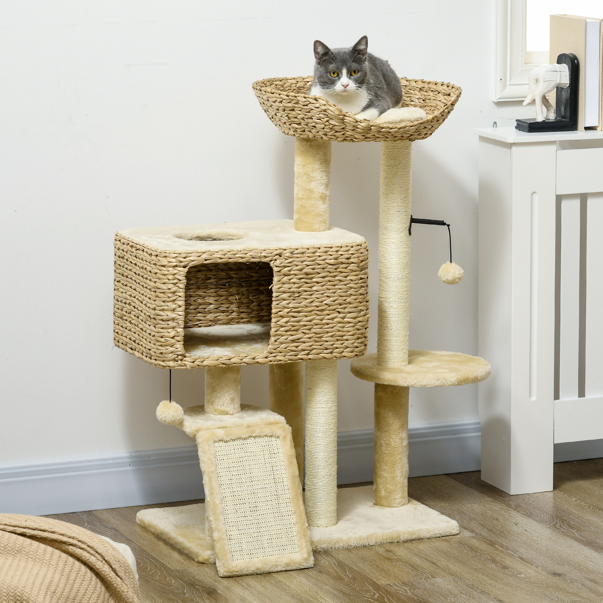 Albero Tiragraffi per Gatti con Casetta e Trespolo 60x40x98 cm in Legno e Poliestere Marrone e Beige 