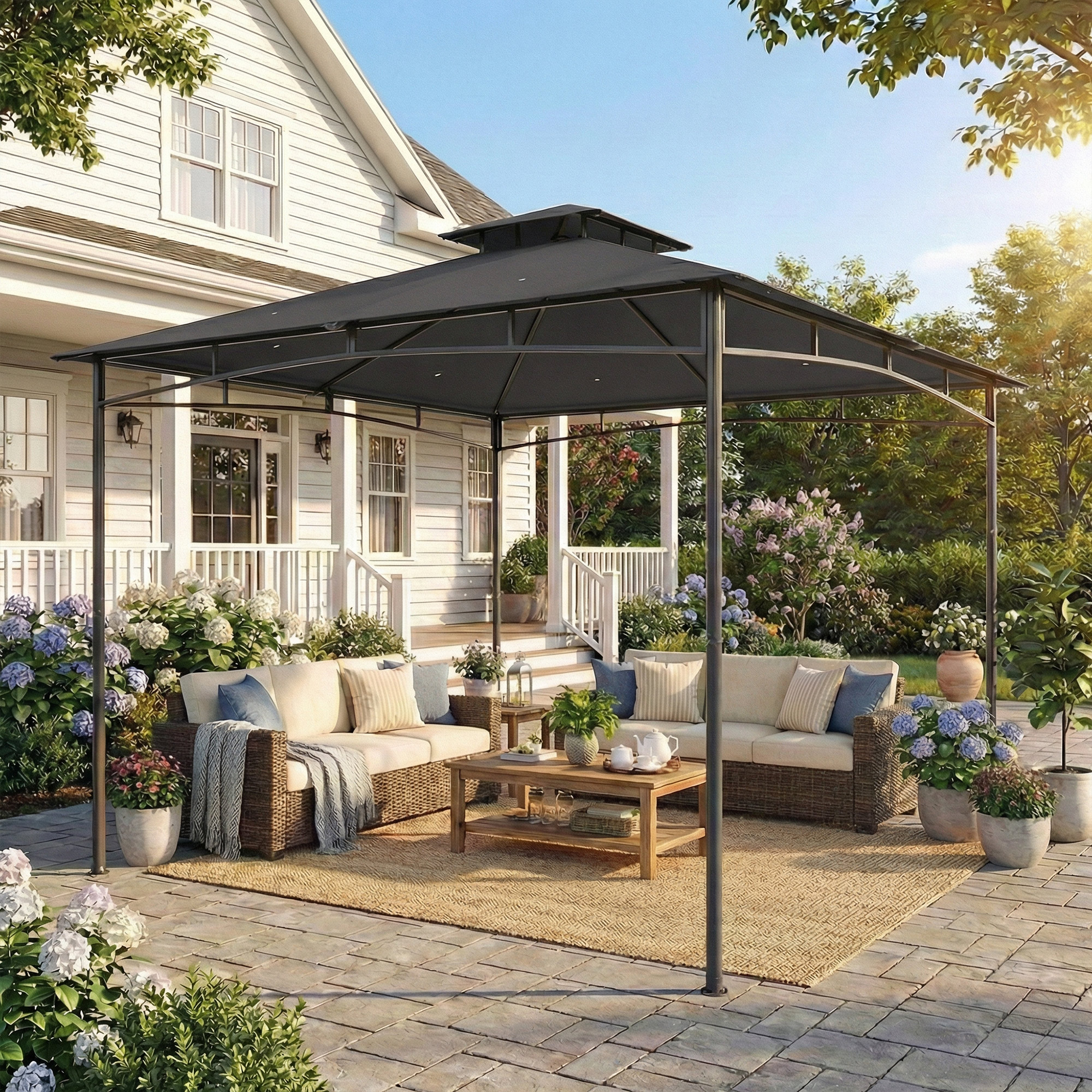 Gazebo da Giardino 300x300x285 cm con Doppio Tetto in Poliestere e Metallo Grigio Scuro...
