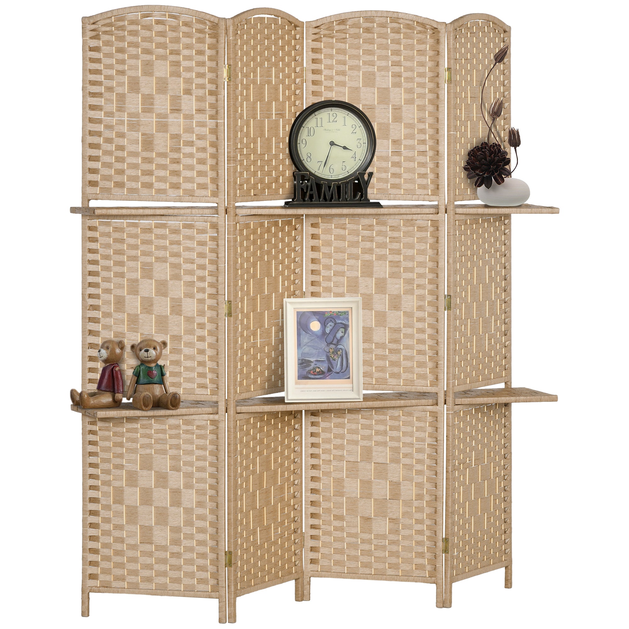 Paravento a 4 Ante Pieghevole con Mensole 160x170 cm Legno di Pino   