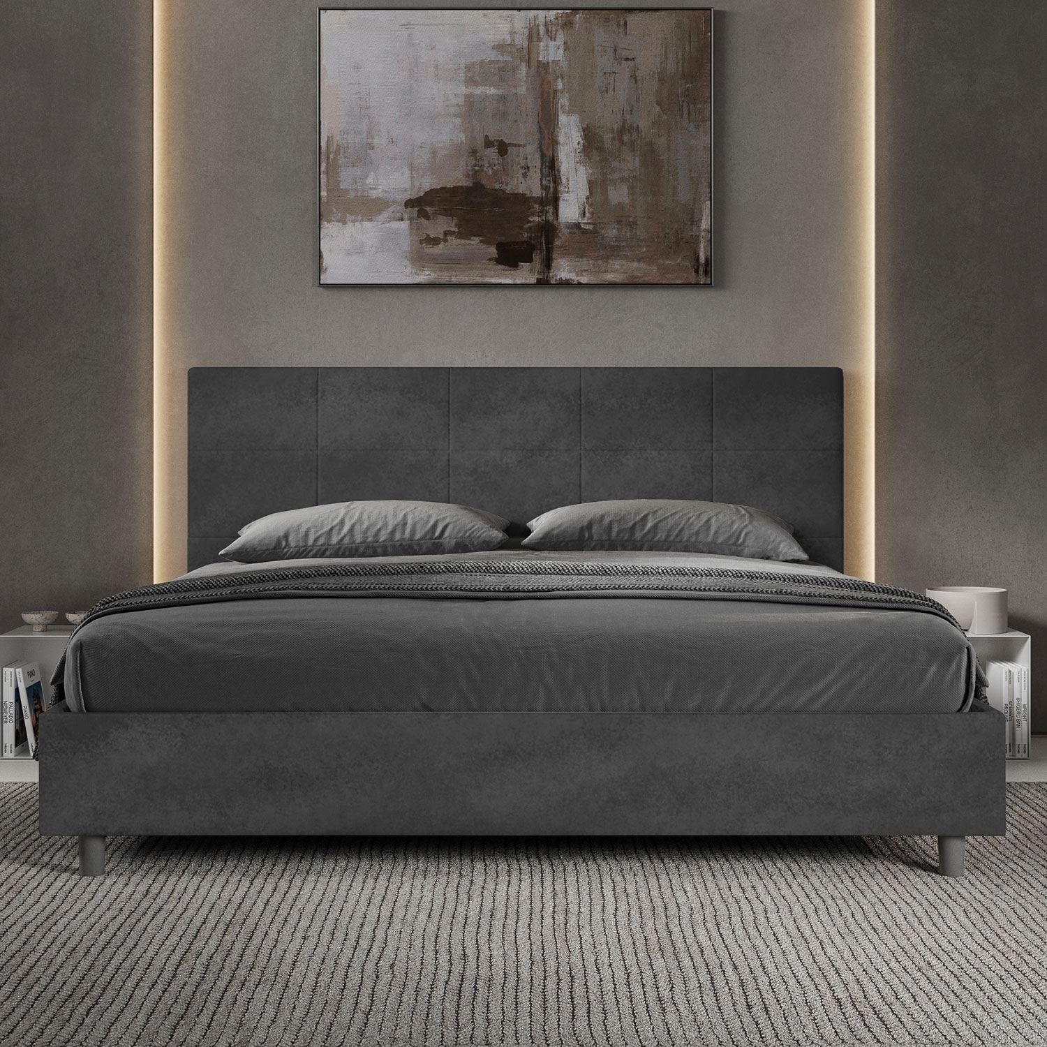 Letto Matrimoniale King Size 180x200 cm Senza Rete Imbottito in Microfibra Mika Grigio...