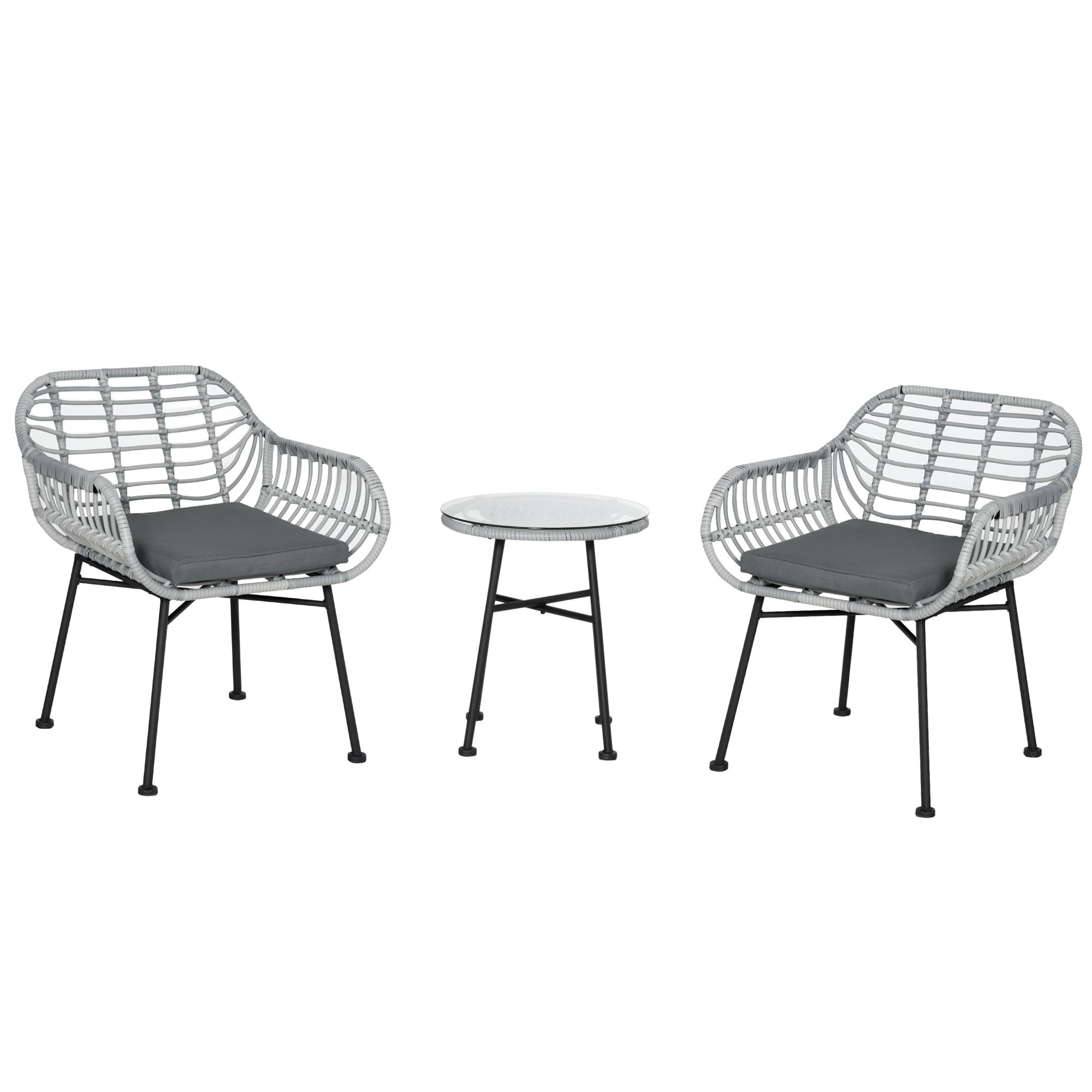 Set Tavolino e 2 Sedie da Giardino in Rattan PE e Cuscini Grigio...