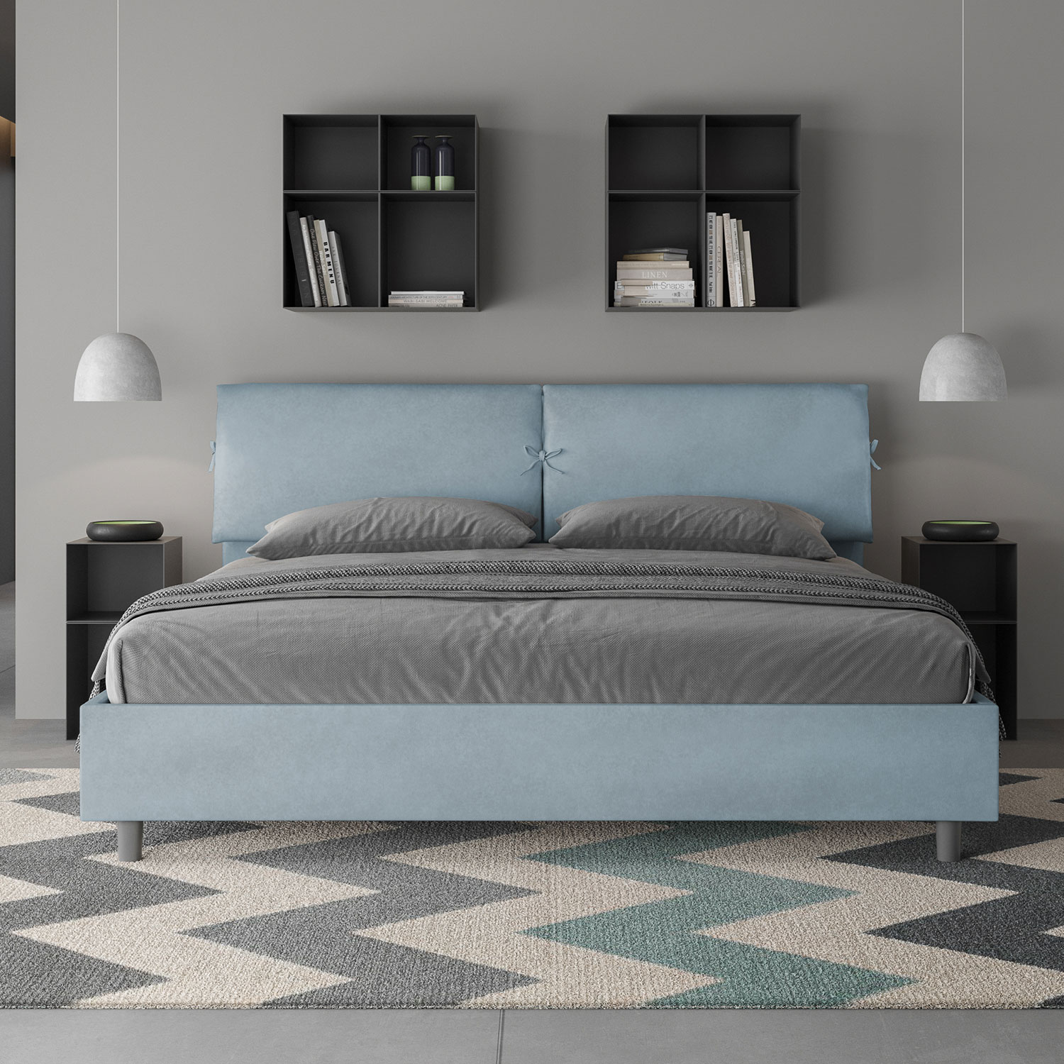 Letto Matrimoniale King Size 180x200 cm Senza Rete Testata con Cuscini Imbottito in Microfibra Mados Azzurro...