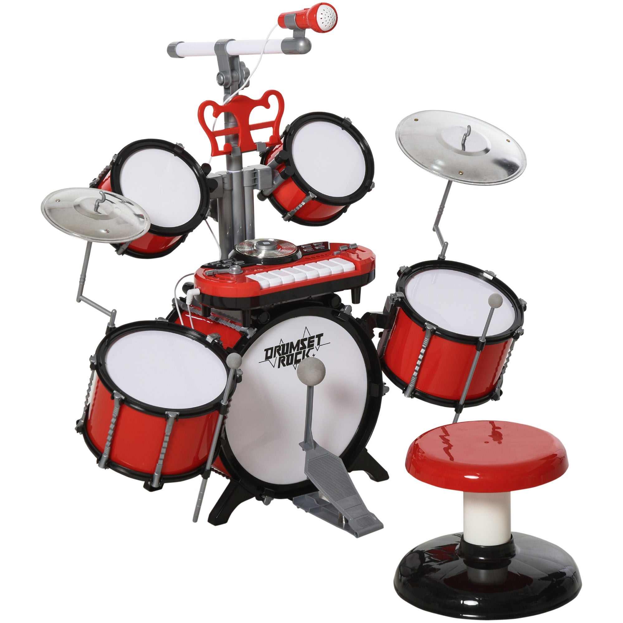 Batteria Musicale Giocattolo per Bambini con Microfono e Tastiera  Rossa