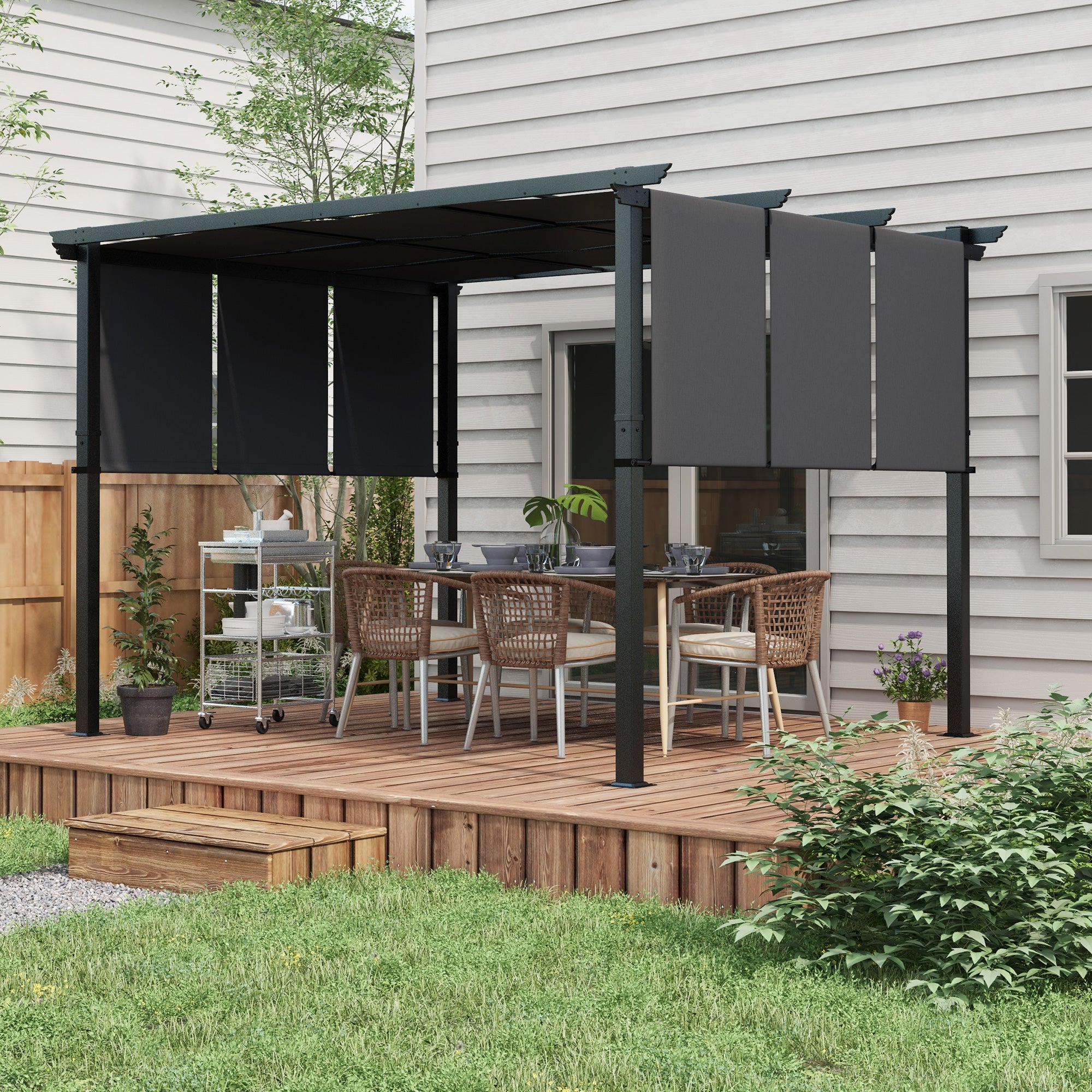 Gazebo Pergola 3x3.5 m con 3 Tettucci Regolabili in Acciaio e Poliestere Anti UV Grigio...