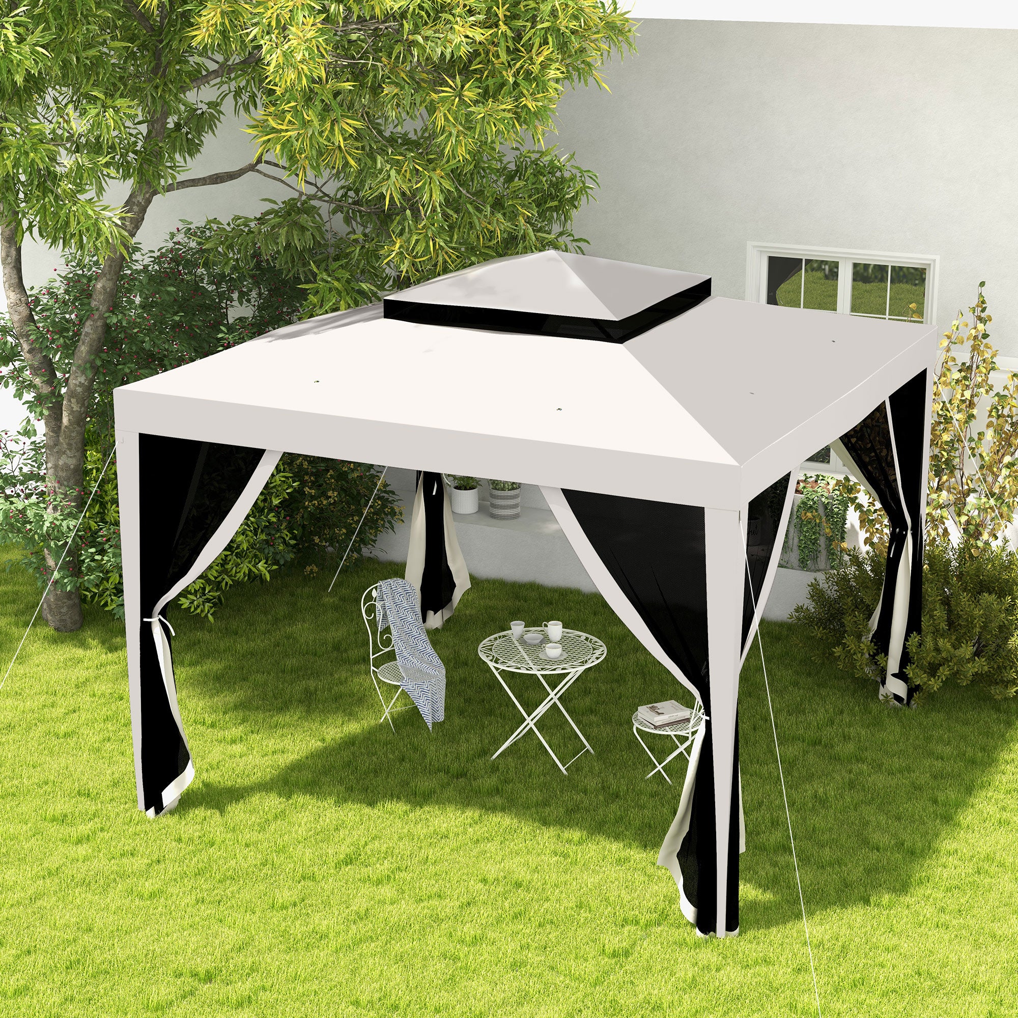 Gazebo da Giardino 300x300 cm con Zanzariera Doppio Tetto e 8 Fori in Acciaio e Poliestere Bianco Crema...