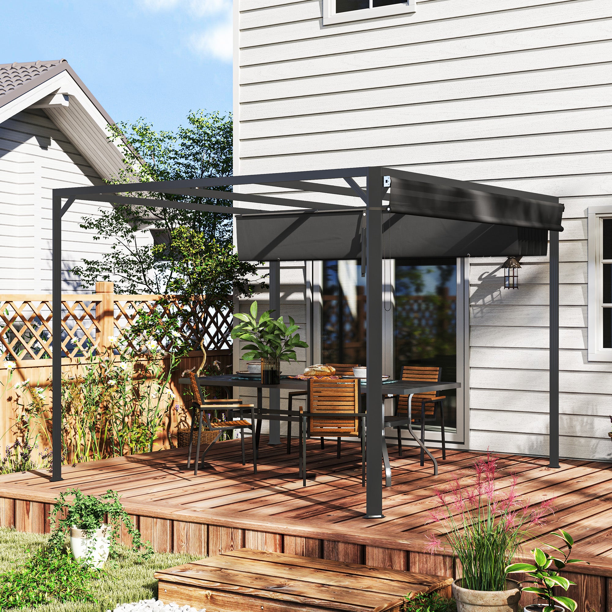 Gazebo Pergola da Giardino 300x300x227 cm con Telo Retrattile e Tenda a Rullo Grigio Scuro...