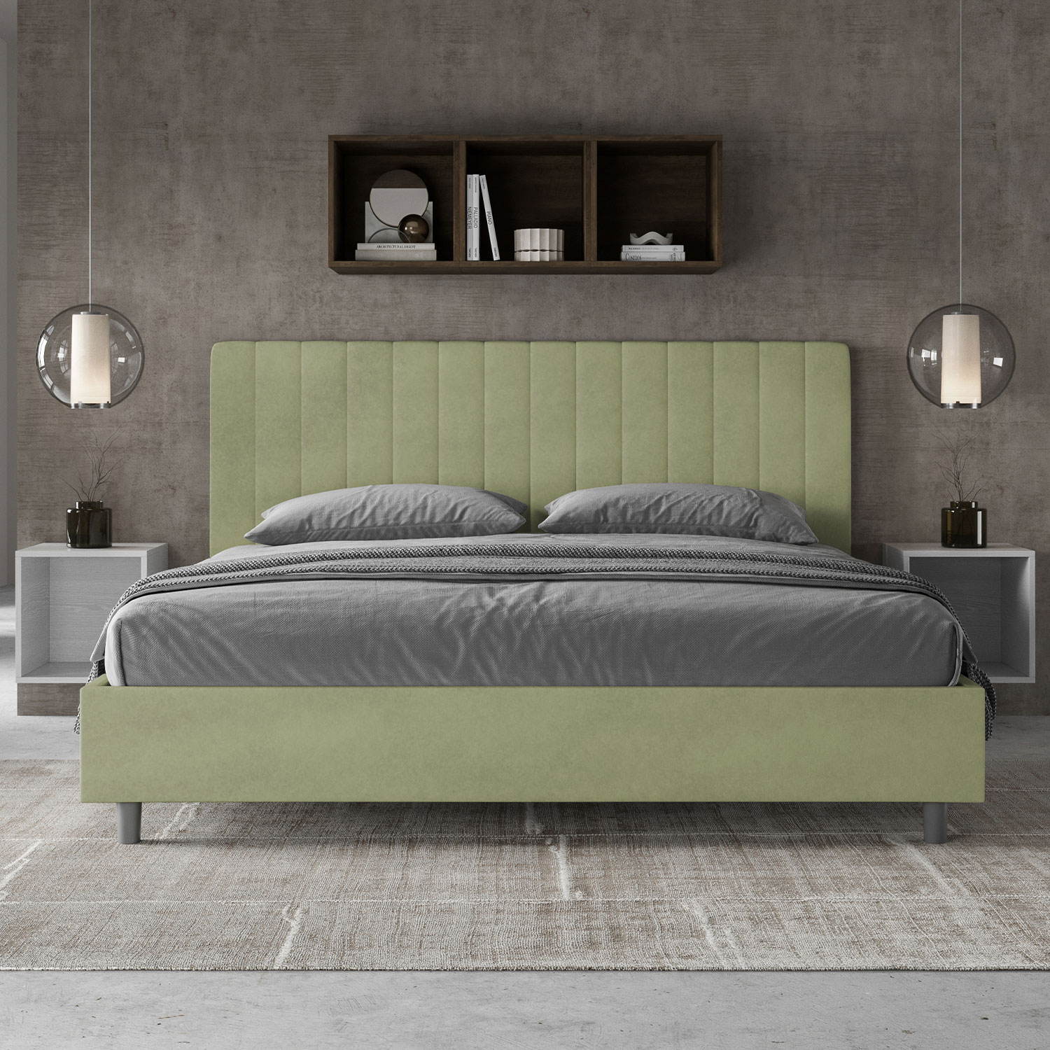 Letto Matrimoniale King Size 180x200 cm Senza Rete Imbottito in Microfibra Agueda Tè Verde...