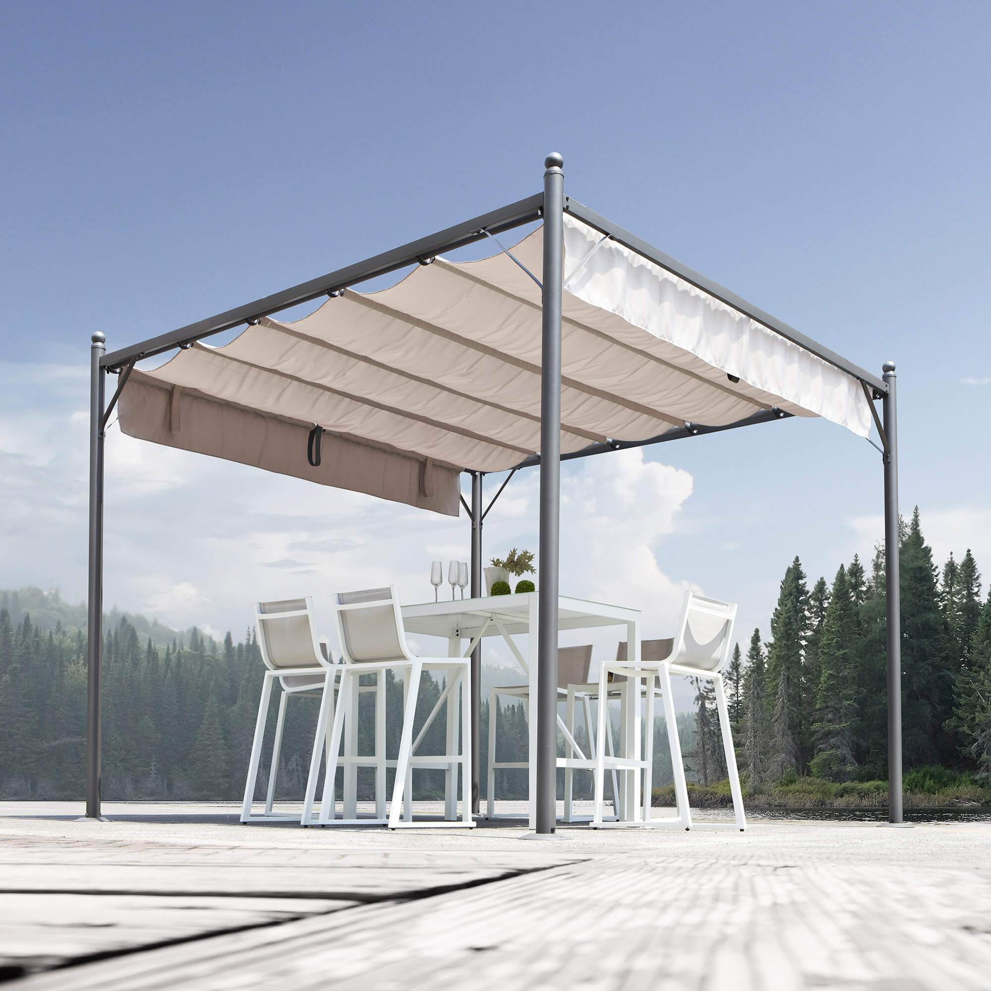 Pergola da Giardino 3x3m in Acciaio e Poliestere Grigio Chiaro...