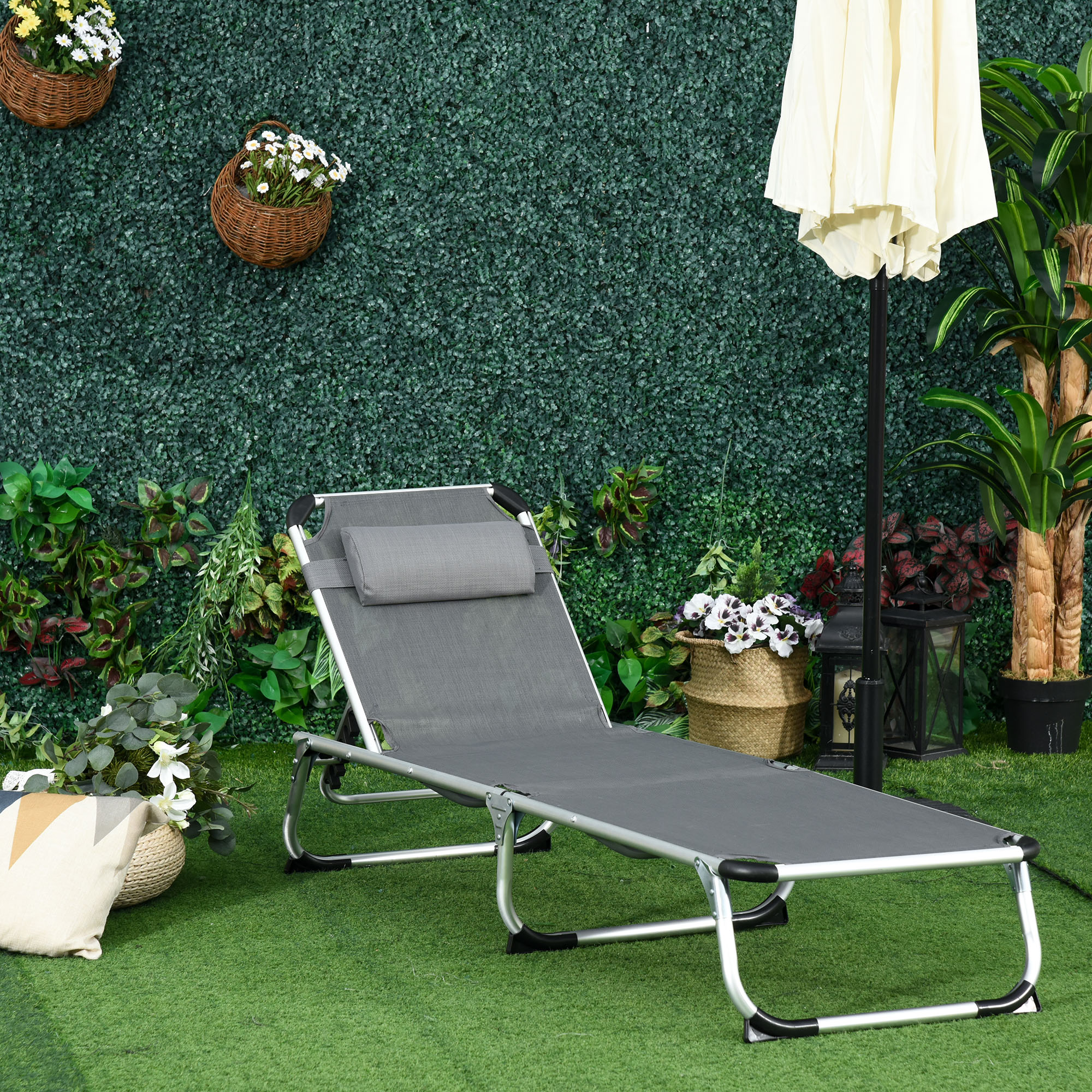 Sdraio Pieghevole 60x165x76 cm con Poggiatesta e Schienale Regolabile in Alluminio Grigio...
