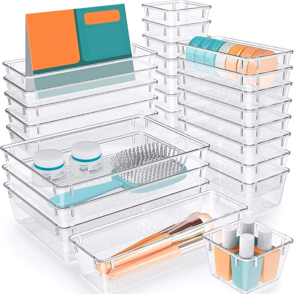 Image of Set 25 Contenitori Organizer per Cassetti in Plastica Trasparente Divisorio Salvaspazio