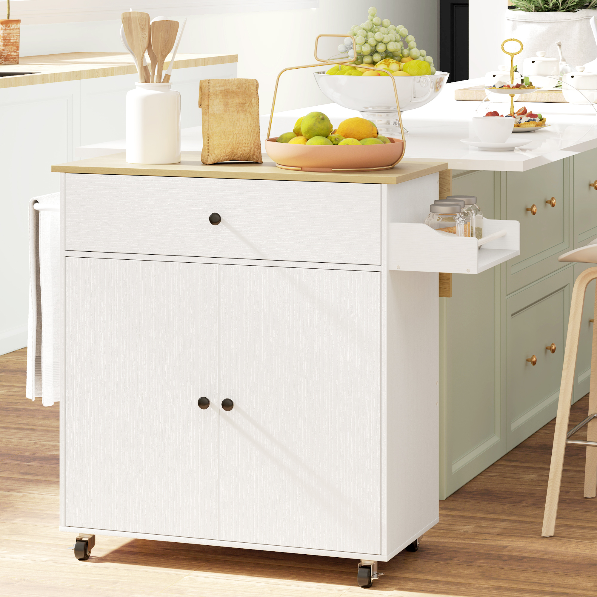 Carrello da Cucina Piano a Ribalta Isola Multiuso con Portaspezie e Portasciugamani 106x42x87 cm Rivestimento in Melamina Bianco...