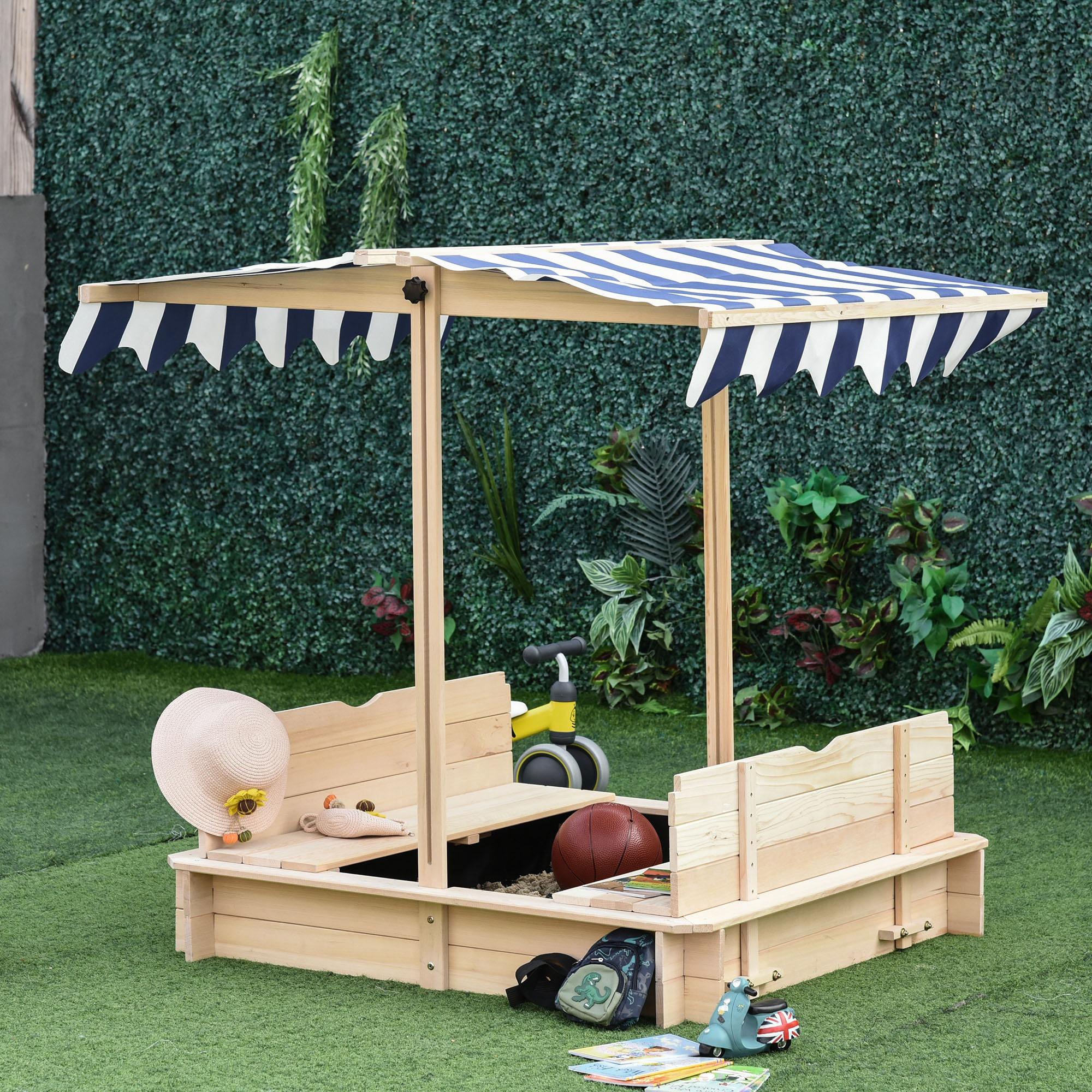 Sabbiera da Esterno con Tettuccio Parasole 106x106x121 cm in Legno Bianco e Blu