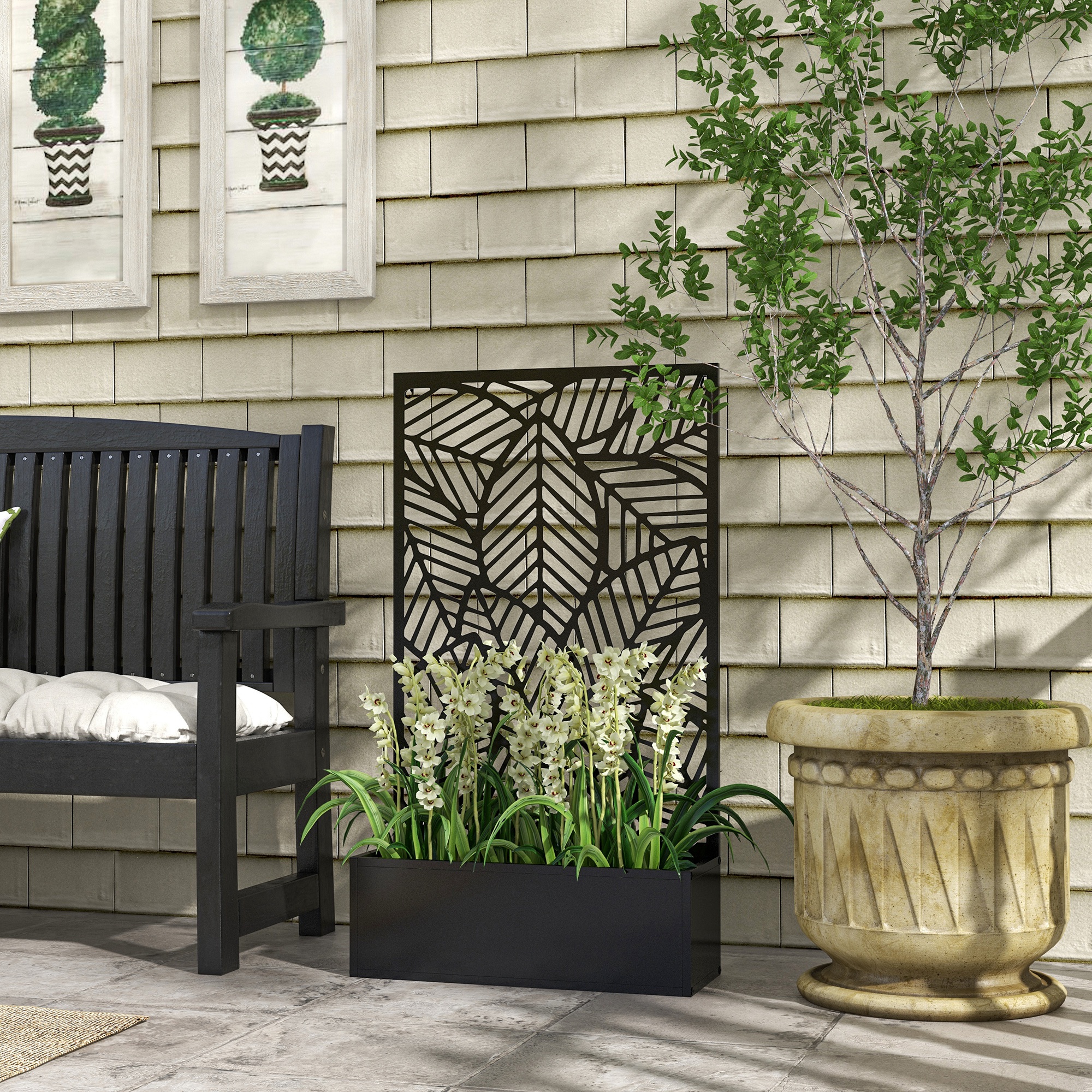 Fioriera Rialzata con Spalliera Decorativa per Rampicanti 61x23x113 cm da Terra e Parete in Metallo Nero...
